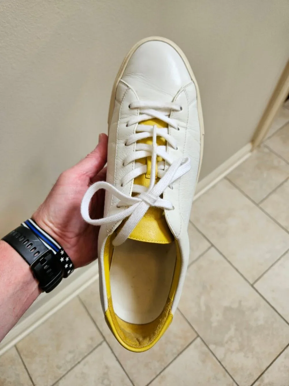 KOIO Men's Capri Full-Grain Leather Sneakers, White/Yellow, Sz EU 46 US 13